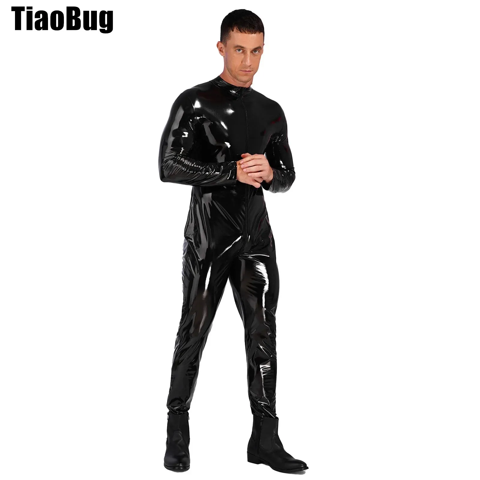 

Mens Patent Leather Bodysuit Zipper Crotch Stand Neck Long Sleeve Catsuit Party Clubwear Wet Look Jumpsuit