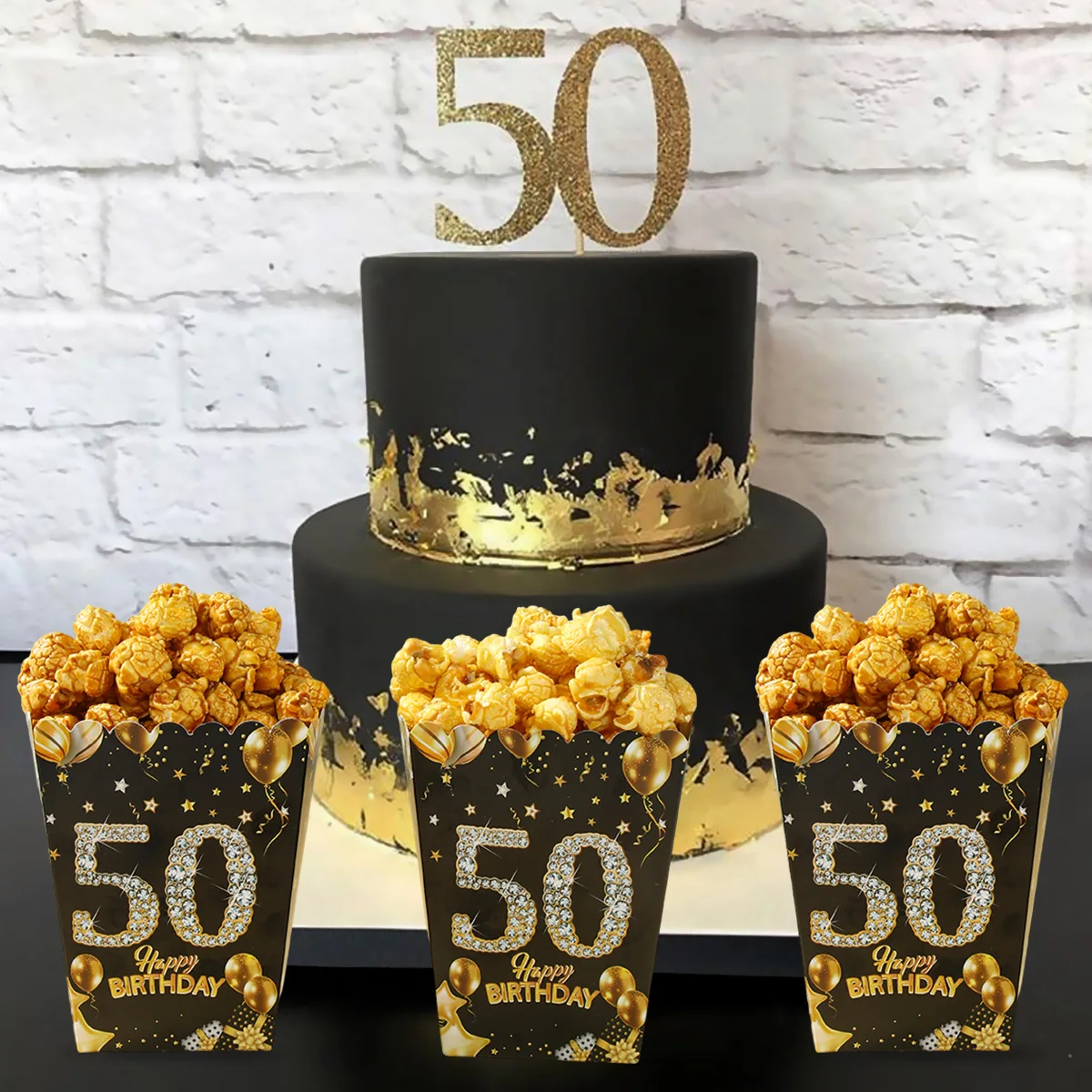 Elegant Black and Gold Popcorn Boxes - Set of 6 - Perfect for Parties and Celebrations