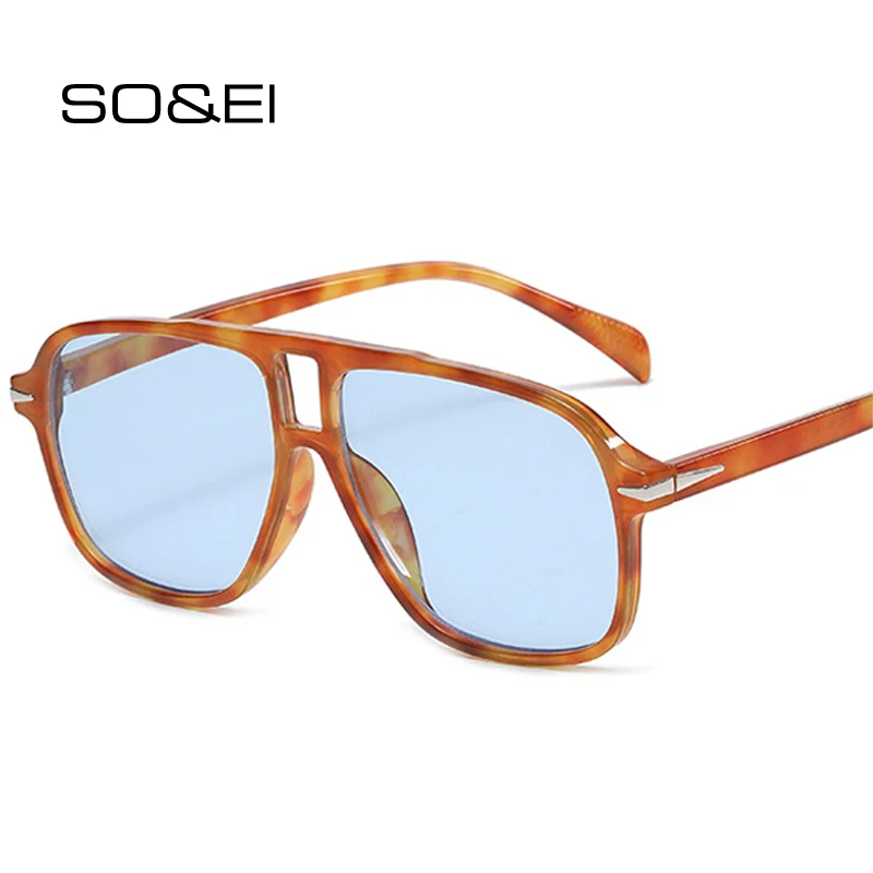 

SO&EI Fashion Double Bridges Men Pilot Sunglasses Retro Clear Blue Shades UV400 Women Trending Square Rivets Sun Glasses