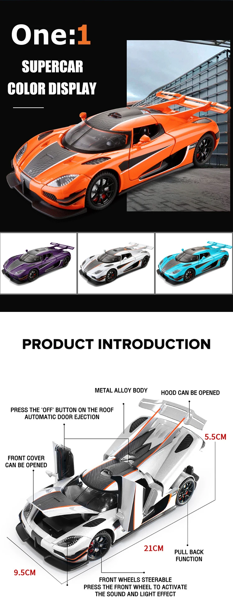 1:24 Scale Koenigsegg One:1 Supercar Diecast Alloy Car Model Sound And Light 14 1:24 Scale Koenigsegg One:1 Supercar Diecast Alloy Car Model Sound And Light