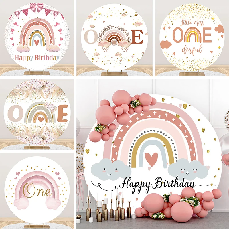 

Rainbow Circle Backdrop Birthday Party Decorations Kids Girls Bohemian Boho One Rainbow Pampas Flowers Circle Background Cover