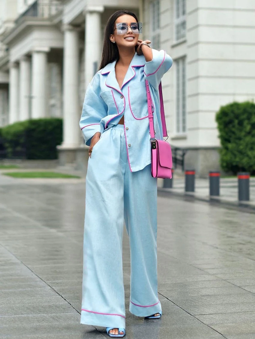 Marthaqiqi Cotton Ladies Sleepwear Suit Three Quarter sleeve Nightwear Turn-Down Collar Pajama Pants Casual Women Nightwear Set
