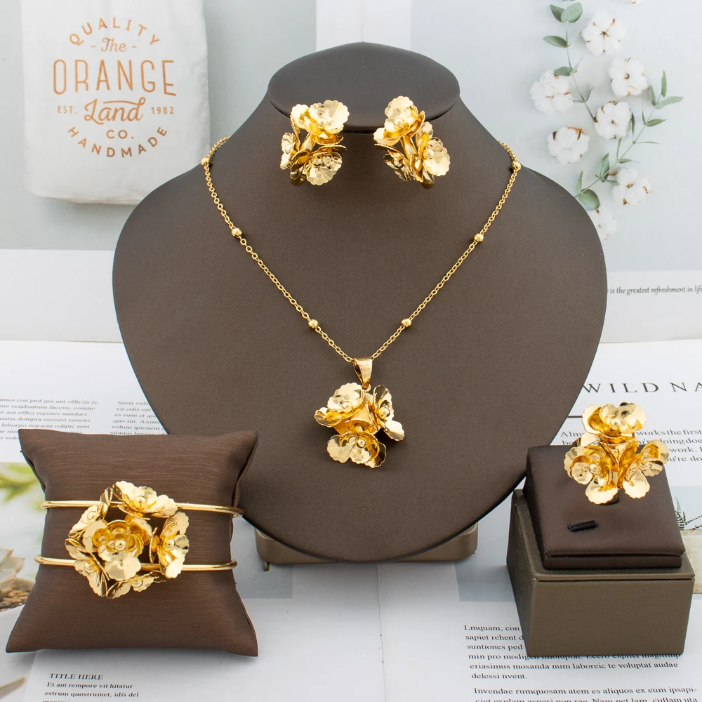 

African Gold Plated Earrings Pendant for Women Dubai Luxury Flower Jewelry Set Italy Lady Fashion Bracelet Ring Free Shipping