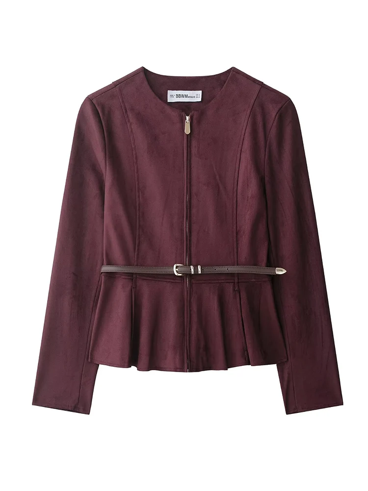 2025 Autumn New Women's Commuting Style Short Jacket Fashion Round Collar Long Sleeve Belt Decoration Suede Zipper Jacket Coat