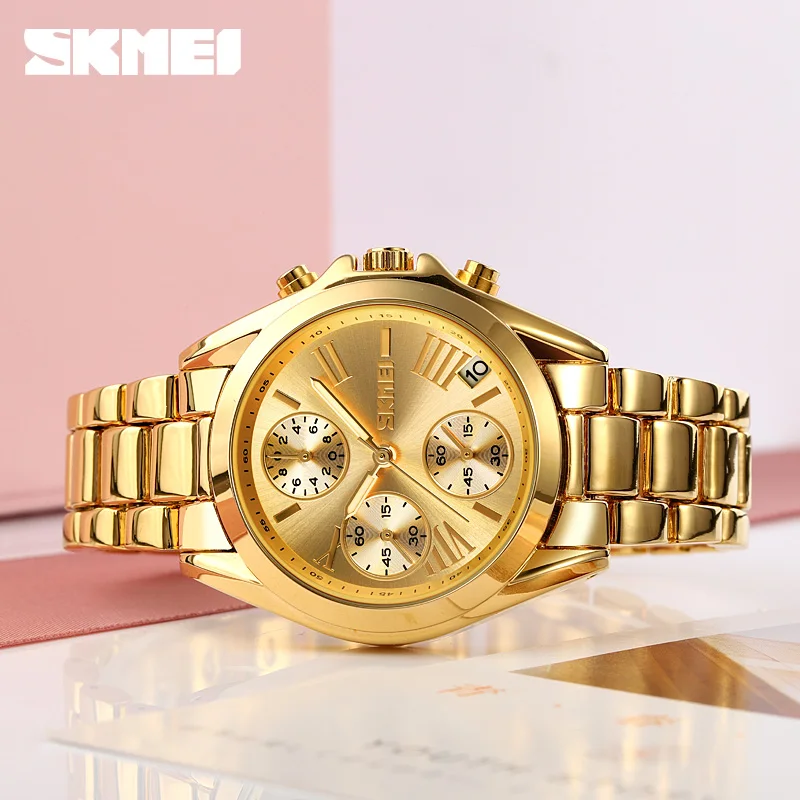SKMEI New Fashion Luxury Quartz Watch For Women Stopwatch Waterproof Steel Belt Wristwatches Business Clock Relogio Feminino