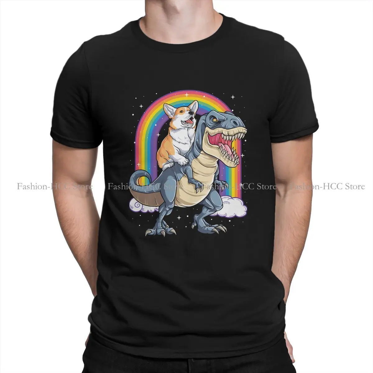 

Corgi Riding Dinosaur T Rex Rainbow Dog O Neck TShirt Dogs Basic Polyester T Shirt Man's Tops