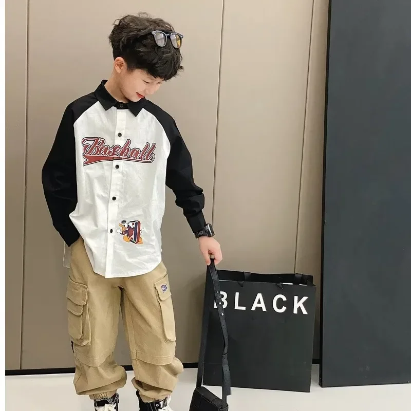 남아용 루즈핏 긴팔 셔츠, 한국 스타일, 스트리트 댄스 컬러, 블로킹 탑, 중대형 아동용, 2022 가을 신상