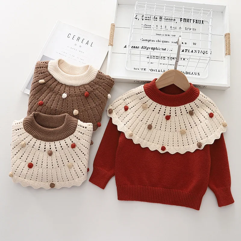 

Pullover Girl Sweater 2024 Fall Winter Cute Children Clothing Sweet Hairball Girls Top Warm Fashion Girl Knitted Clothes HY02011