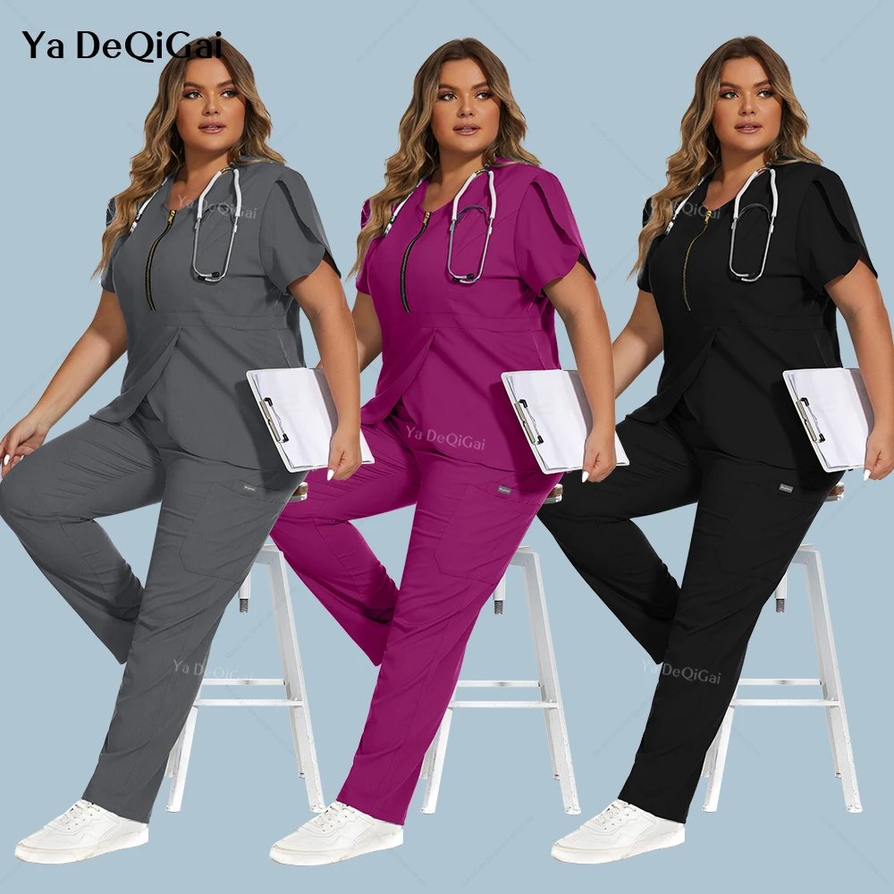 

Scrub Uniform Tops Set Healthcare Outfits Women Working V-neck Trouser Suit Fashion Women's Beauty Salon Medical Clinic Workwear