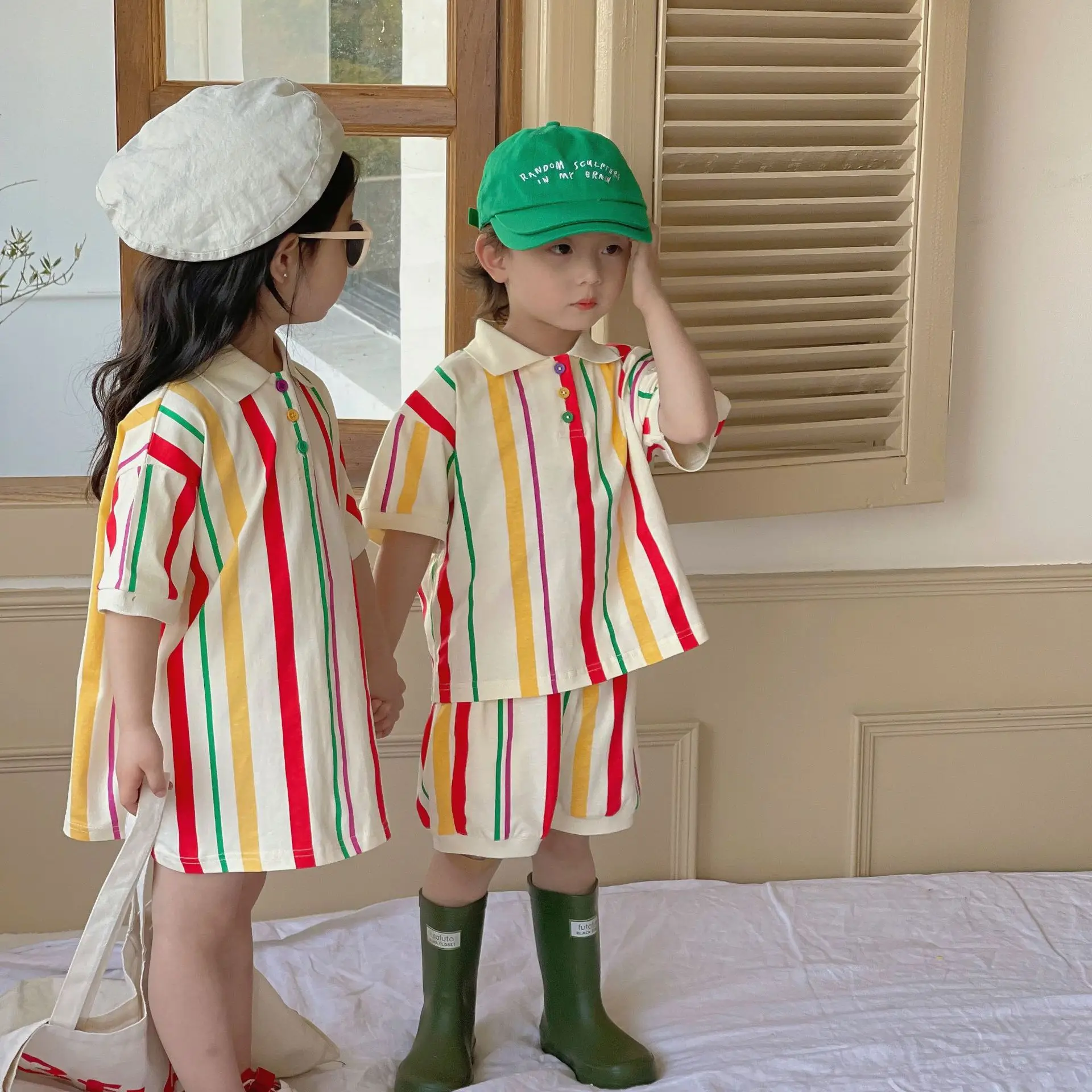 

Sibling Brother and Sister Clothes 2023 Summer New Korean Children's Striped Knit Suit Girl's Shirt Dress or Boy's Two Piece Set
