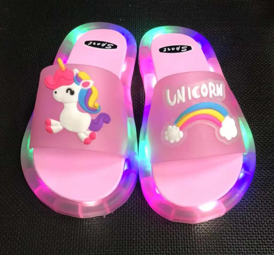 Rainbow Unicorn Slippers Little Pony LED Light Summer Kids Soft Indoor Glowing
