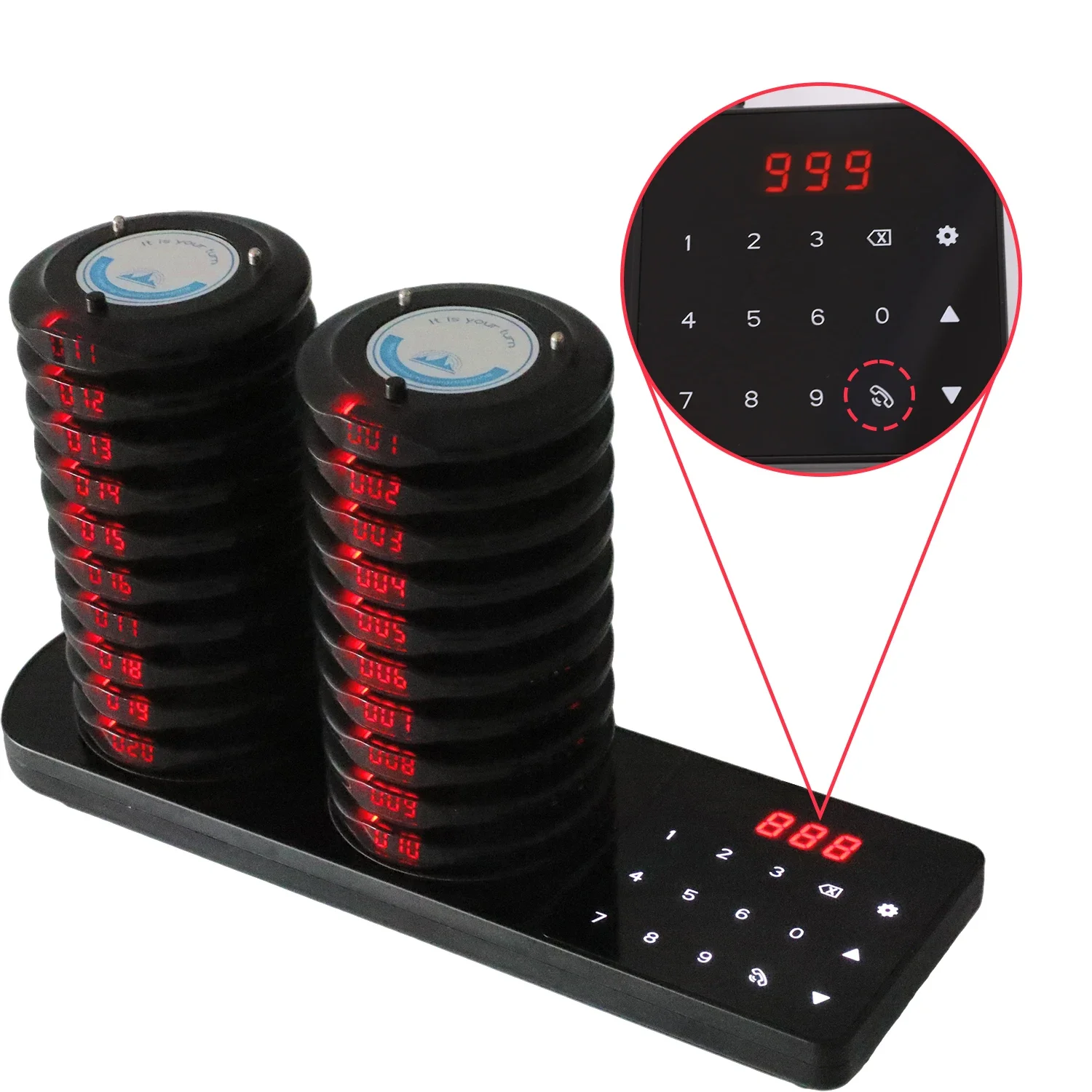Wireless Restaurant Pager Calling System Dual Charging Base 20 Round Coaster For Customer Food Truck Cafe Church Food Court