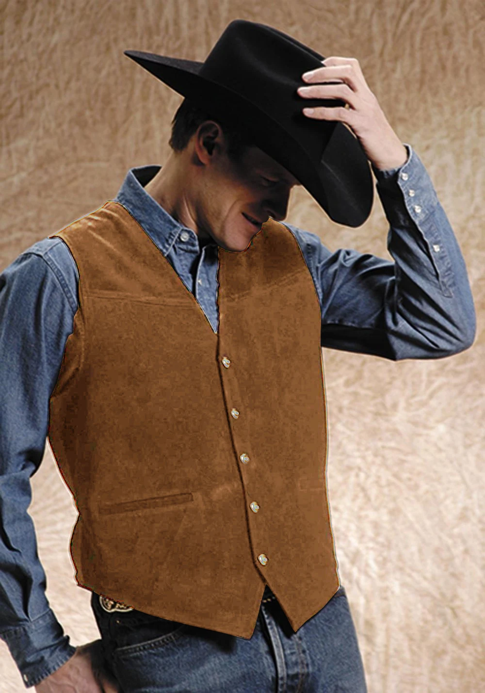 Gilet Homme En Daim Marron - Style Cowboy Décontracté, Coupe Droite, Col En V, Look Vintage Rétro