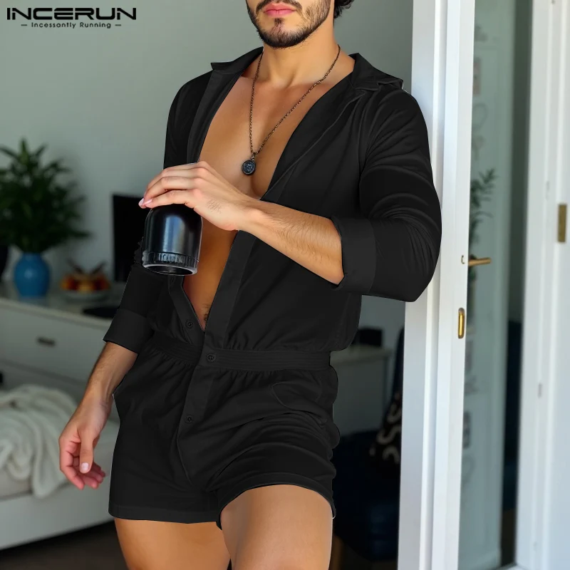 Turn Down Collar Buttons Comfortable Homewear INCERUN Men Well Fitting Long Sleeved Bodysuits Casual Fashion Loungewear
