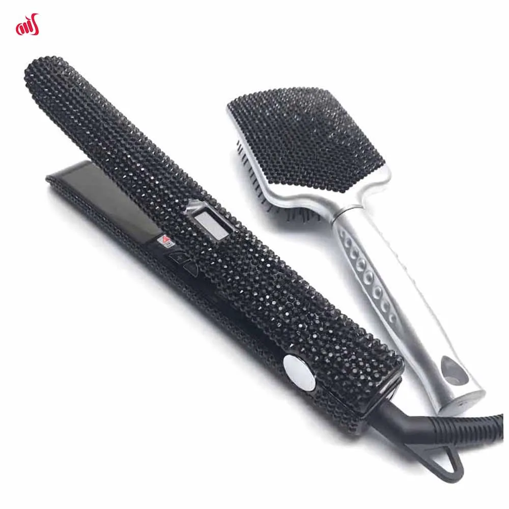 Straightener Iron & Paddle Brush Set Rhinestone Flat Iron& Massage Brush Kit planchas para el cabello& Cepillo Set 3