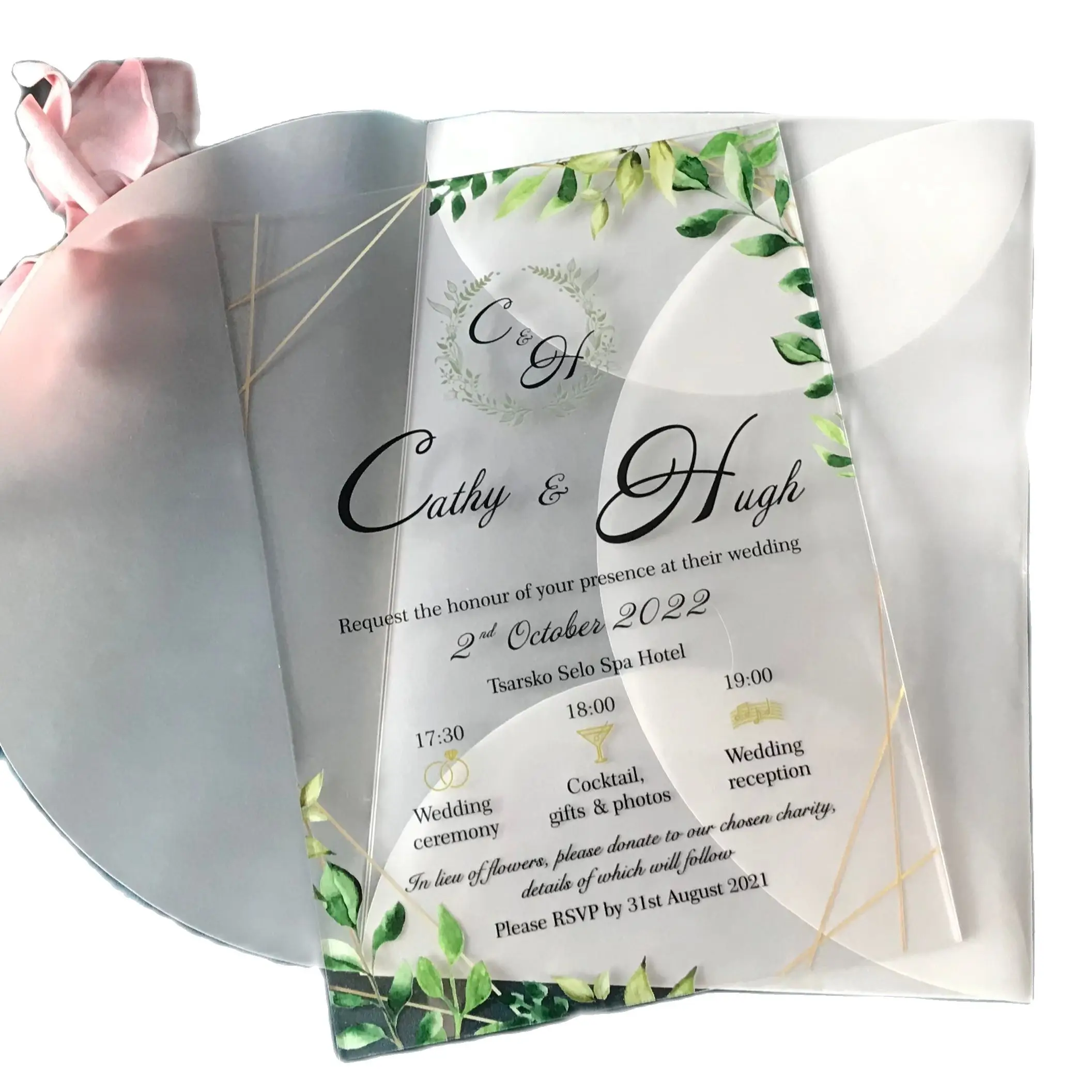 

Custom Acrylic Invitation,Semi-Transparent Envelope,Green Leaves, 1mm Clear Wedding Invitation,10Pcs