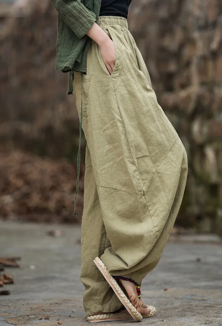 Chinese Style Curved Ramie Cotton Pants Vintage Loose Tai Chi Trousers