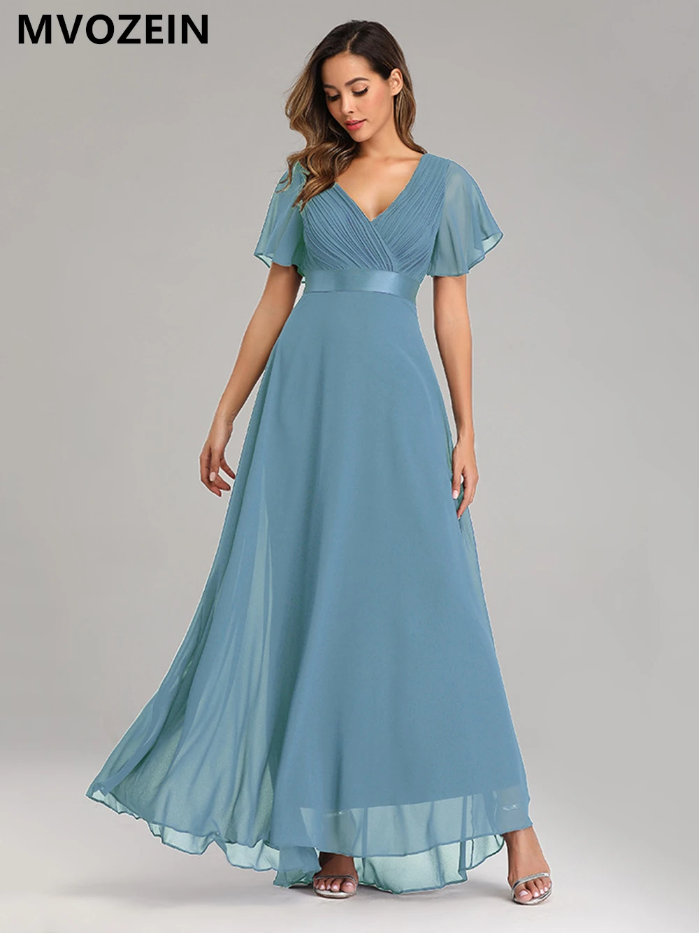 

Mvozein Chiffon A-Lin Plus Size Prom Dress V-Neck Short Sleeves Floor Length Elegant Party Dress Long Evening Dresses