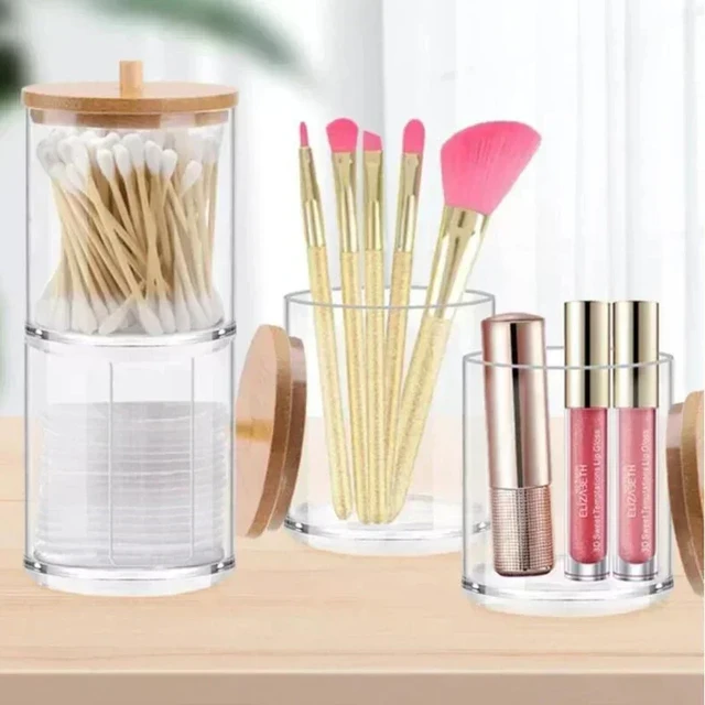 Boîte de rangement en acrylique, pot de salle de bain, organisateur de maquillage, support rond pour tampons en coton, boîte pour cotons-tiges, distributeur de support Qtip avec couvercle en bambou 6