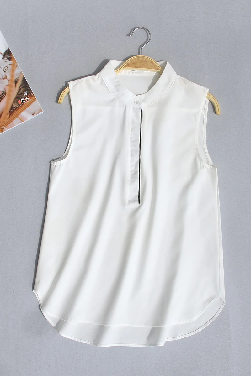 #2504 Woman Tops And Blouses Sleeveless Shirt Women Summer Thin Vest Pullover Button Basic Top Chiffon Red White Black Polo Neck