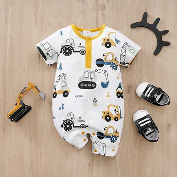 Summer style newborn baby boy girl cute cartoon car full print comfortable short sleeved jumpsuit 1