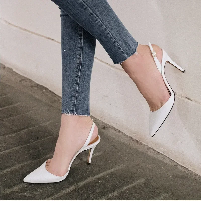 6cm New Fashion Sandals Pointed Toe High Heels Ankle Wrap White Ladies Dress Women Shoes 40 41