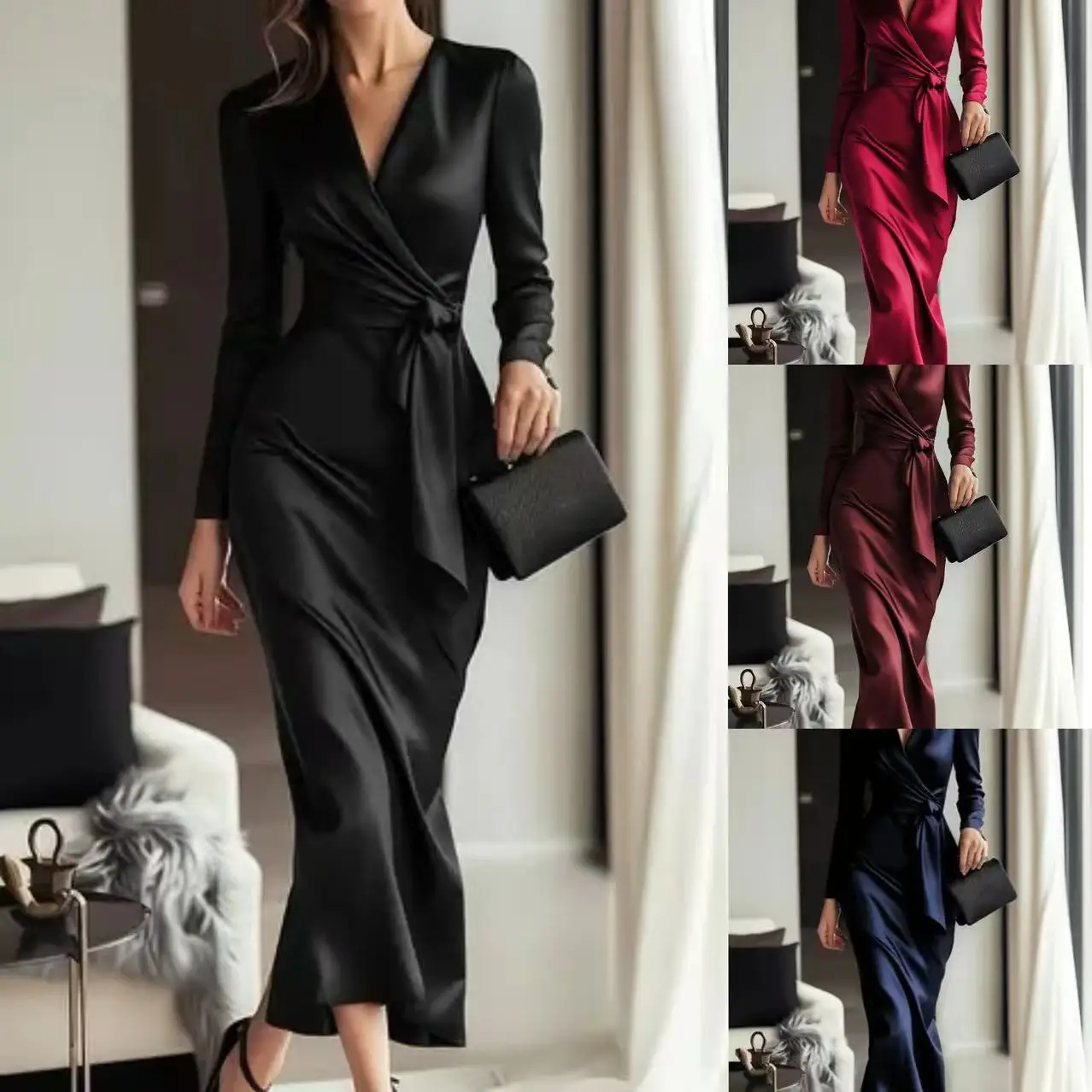 Robe dentelle style Hepburn déesse automne différentes couleurs noir rouge bleu nuit