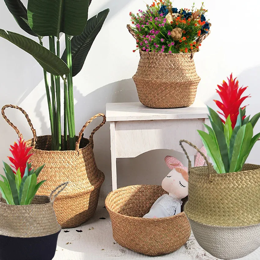 storage baskets Storage Baskets Straw Wicker Rattan Hanging Flowerpot Seagrass Folding Laundry Clthoes Baskets Garden Plant Basket Home Decor