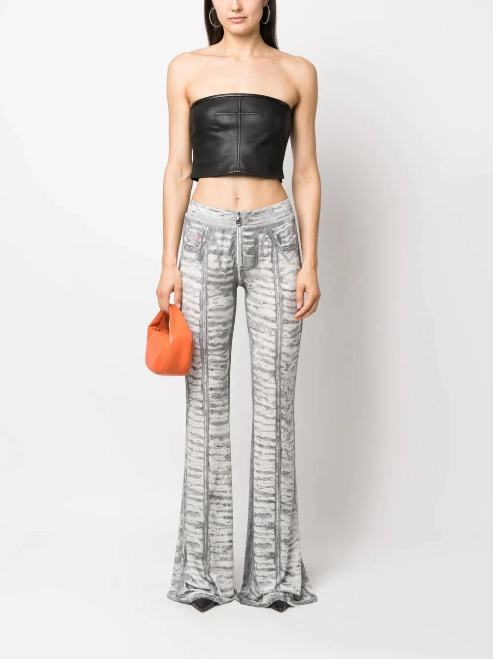 

Women Trousers Striped Splicing Zipper Fly Pockets Floor Length Flare Pants High Street