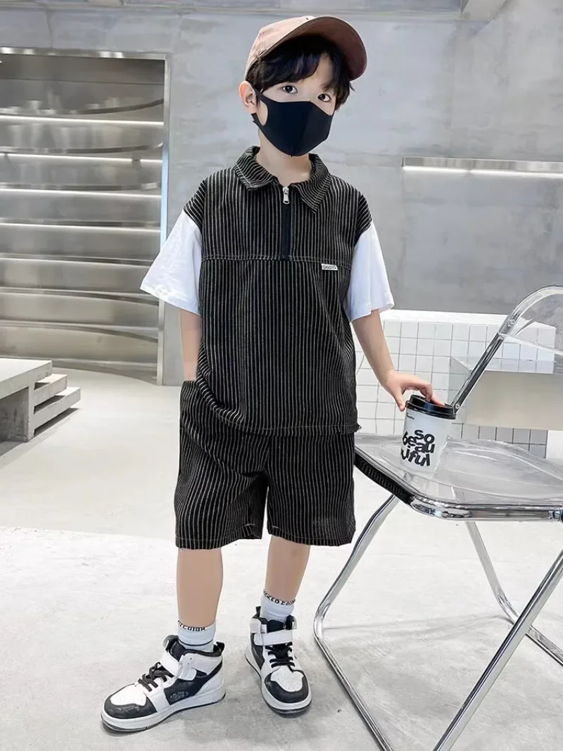 Children's Thin Striped Patchwork Boy Summer Suit New Sports and Leisure Thin and Handsome Summer Style for Big Boys