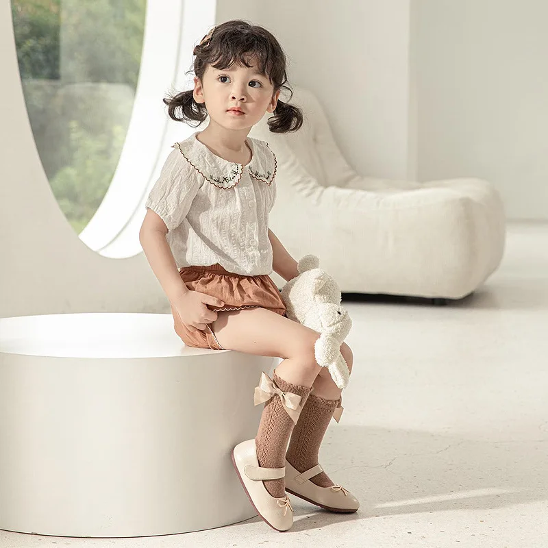 2023 New Kids Knee High Socks Baby Girls Boys Bow Long Sock Soft Cotton Mesh Breathable Children Hollow Out Socken For 0-7 Years 3