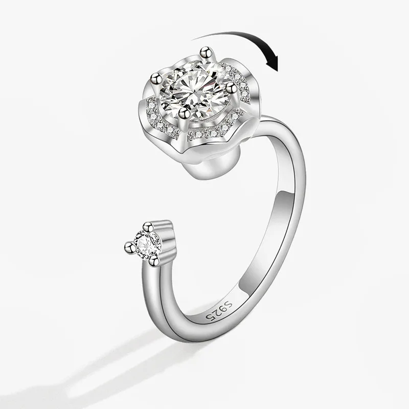 

KOFSAC New Fashion Rotatable Ring For Women Engagement Gift Open Size 925 Silver Jewelry Shiny Zircon Round Geometric Rings