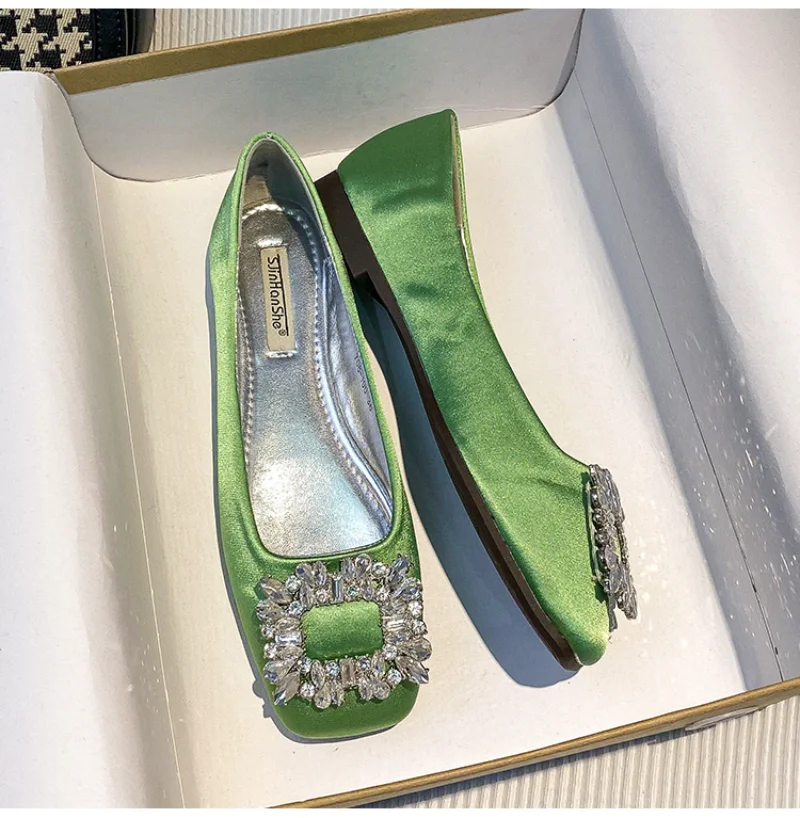 2023 Spring/Summer New Fashion Rhinestone Square Button Flat Bottom Shoes Satin Shallow Mouth Square Head Casual Women's Shoes 5