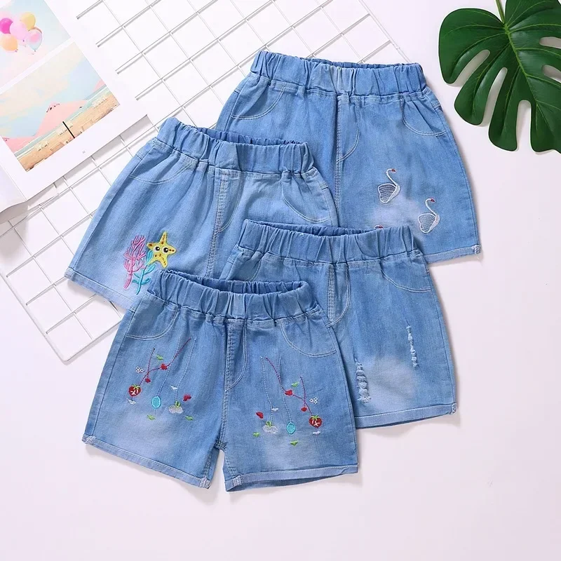 Girls Shorts Jeans Kids Eastic Band Short Pant Summer 2 To 12 Yrs Children's Clothing Teenagers Cartoon Embroidery Trousers