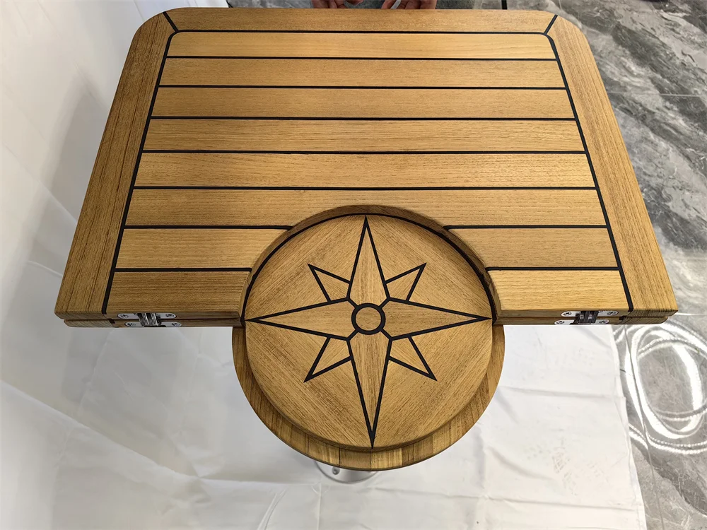 Table Pliante Bateau Teck - Incrustation étoiles - 470/960 X 650 Mm - Pour Yacht Caravane