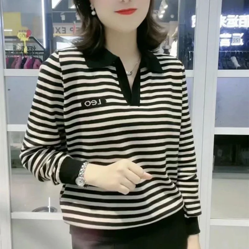 2023 Autumn and Winter Korean Version Casual Temperament Top Trend Stripe Print POLO Collar Long Sleeve Commuting Pullover Shirt