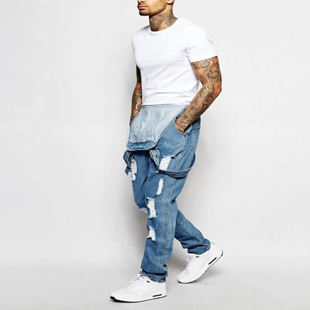 Men's Solid Fashion Pockets Denim Bib Overalls Loose Suspender Jeans Trousers Male Daily Classic Casual Jumpsuit Autumn Winter 5