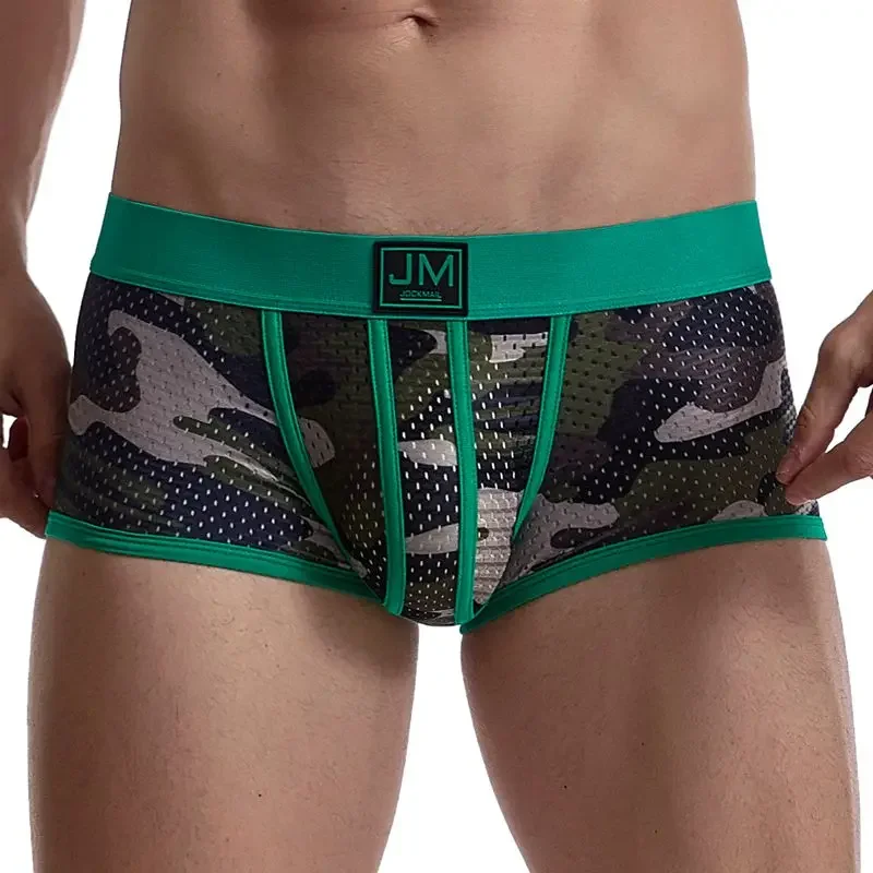 

Sexy Boxer Men Underwear Mesh Camouflage Green Breathable Cotton U Convex Pouch Calzoncillos Hombre Slip Hombre Boxershorts