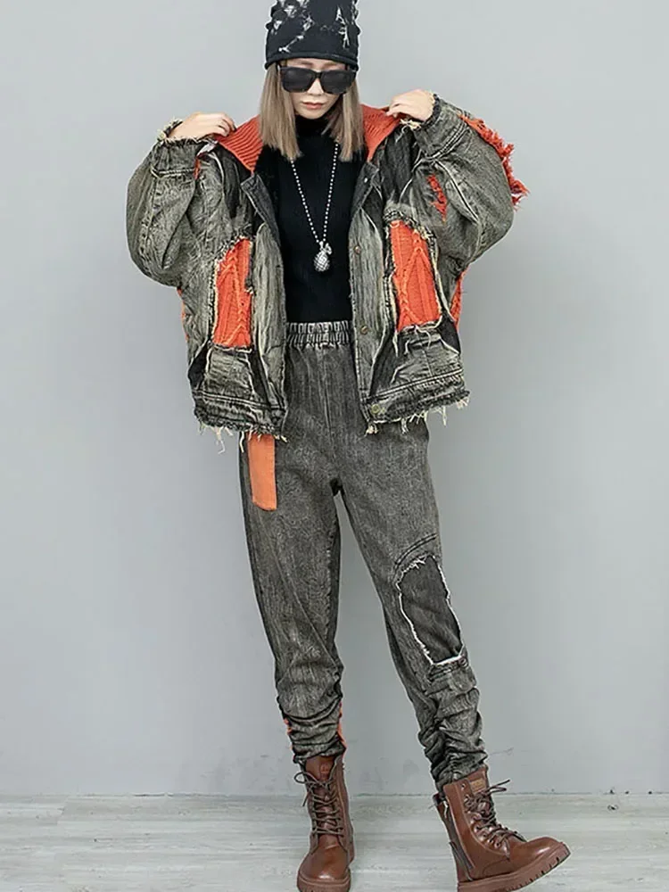 

XITAO Vintage Jacket Denim Patchwork Knitting Contrast Color Turn-down Collar Loose 2023 Autumn Women All Match Coat LYD1497