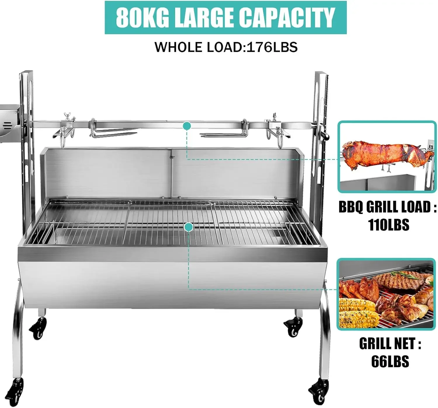 Steel Rotisserie Grill with Back Cover Guard, 25W Motor Small Pig Lamb Rotisserie Roaster, 37'' 2 in 1 BBQ Charcoal Rotisserie G 5