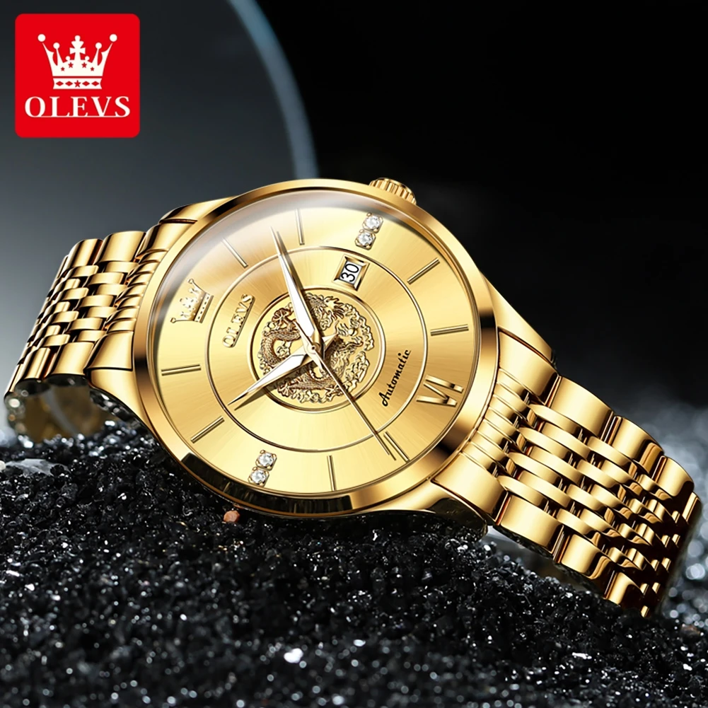 OLEVS Brand Luxury Gold Mechanical Watch for Men Stainless Steel Waterproof Luminous Calendar Fashion Engraving Dragon Men Watch