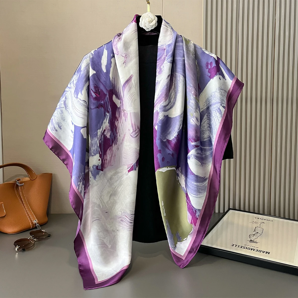 Four Seasons Women Silk 110*110CM Square Scarf Hijab Female Design Print Shawl Wraps Foulard Sun Protection Headbands Bandana