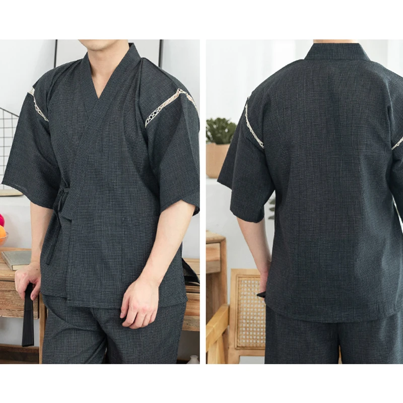 Men Summer Japanese Kimono Set Half Sleeve Shorts Suit Striped Solid Color Sleepwear Spa Sauna Bath Wear Korean Casual Pajamas