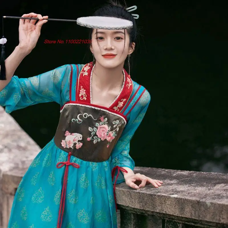 

2024 folk dance costume chinese national coat+strap dress set ancient flower print princess chiffon dress vintage hanfu dress