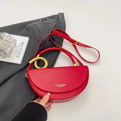 Elegant Designer Semicircle Saddle Bag - Luxury PU Leather Crossbody - 30cm)) (Red saddle bag)