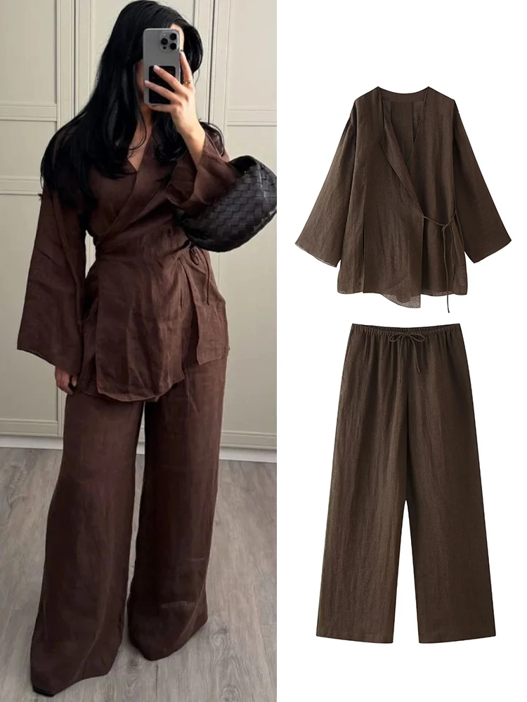 TRAF Lace Up Wide Leg Pants Sets 2 Pieces Women Fashion Kimono Tops Women's Suit Two Piece Set Spring Women Outfit