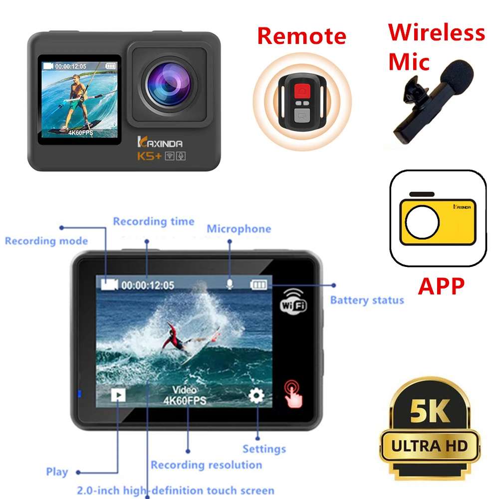 5K Dual Screen Remote APP Control Wireless Mic Wide angle Sport Action Camera Anti shake Waterproof
