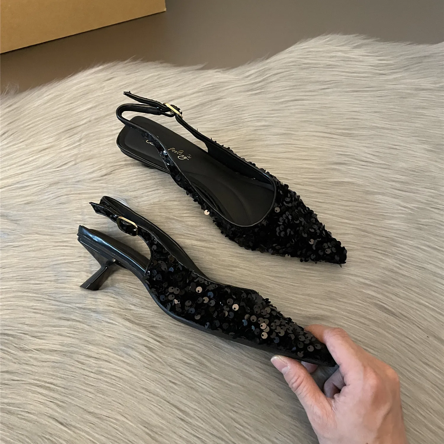 Bailamos New Bling Women Sandals Fashion Pointed Toe Shallow Slip On Ladies Elegant Slingback Shoes Med Heel Pumps Shoes Size40