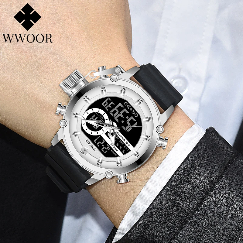 WWOOR New Men Watch Sports Digital Men Quartz Wristwatch Waterproof Date Dual Display Watch Male Clock Fashion Relogio Masculino 2023 summer men s sets casual loose o neck pullover tops fashion youth male suits striped edge lace up shorts campus sports tees