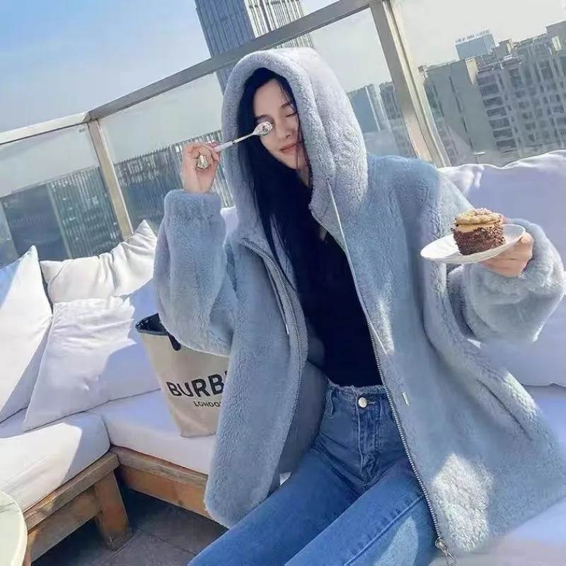 2023 New Autumn Winter Fur One Loose Hooded Short-length Sweet Fresh Warm Thick Pure Color Fashion Imitation Wool Fur Coat